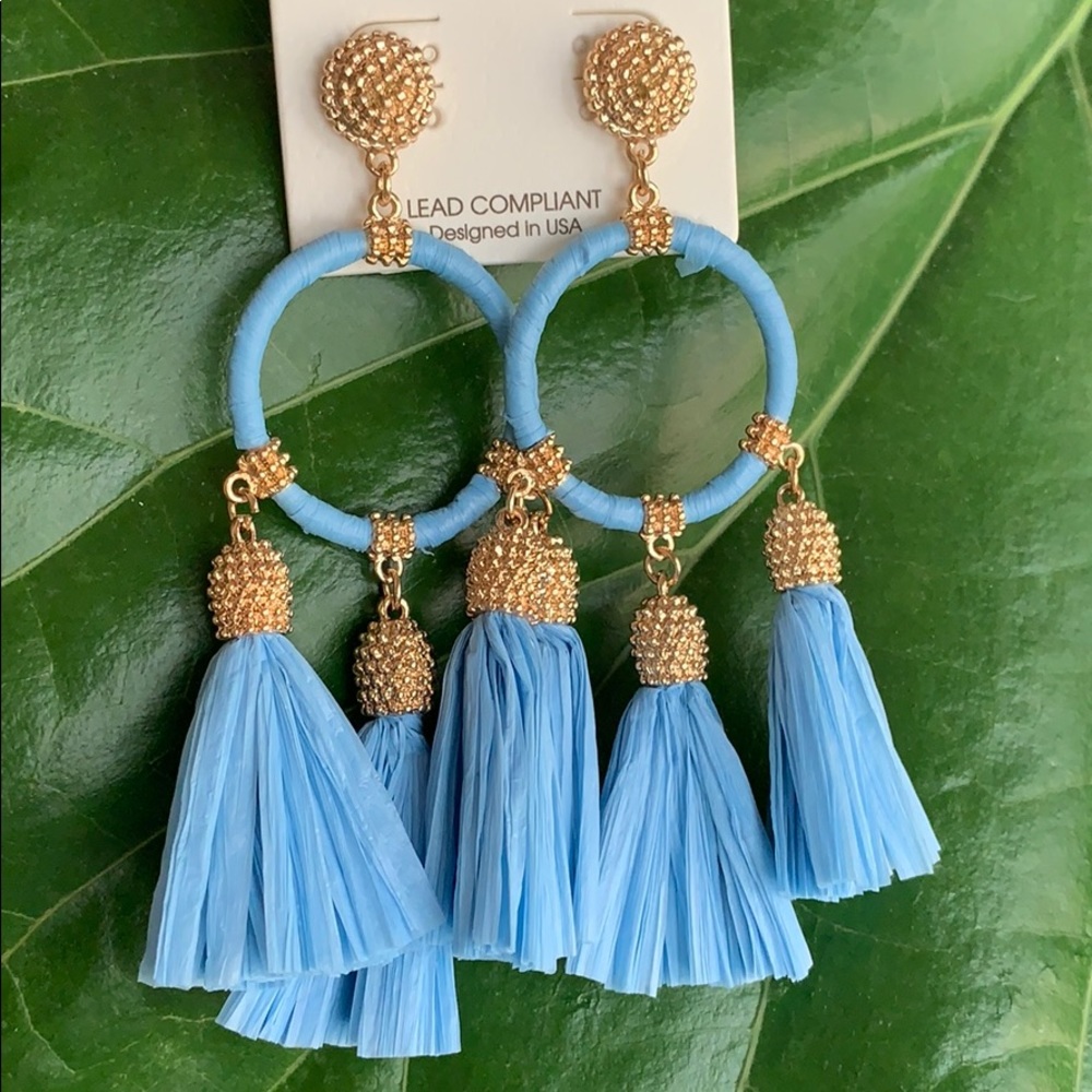Blue raffia and gold earrings